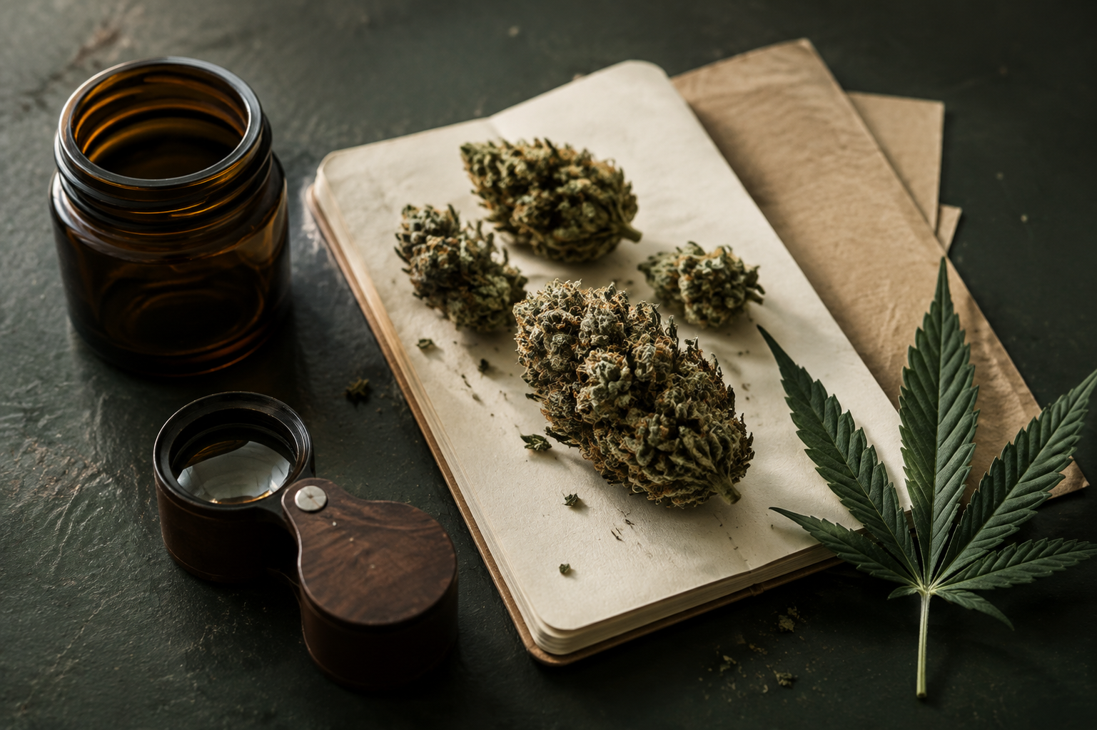 Hemp flower, a loupe, and an amber jar arranged on a field notebook